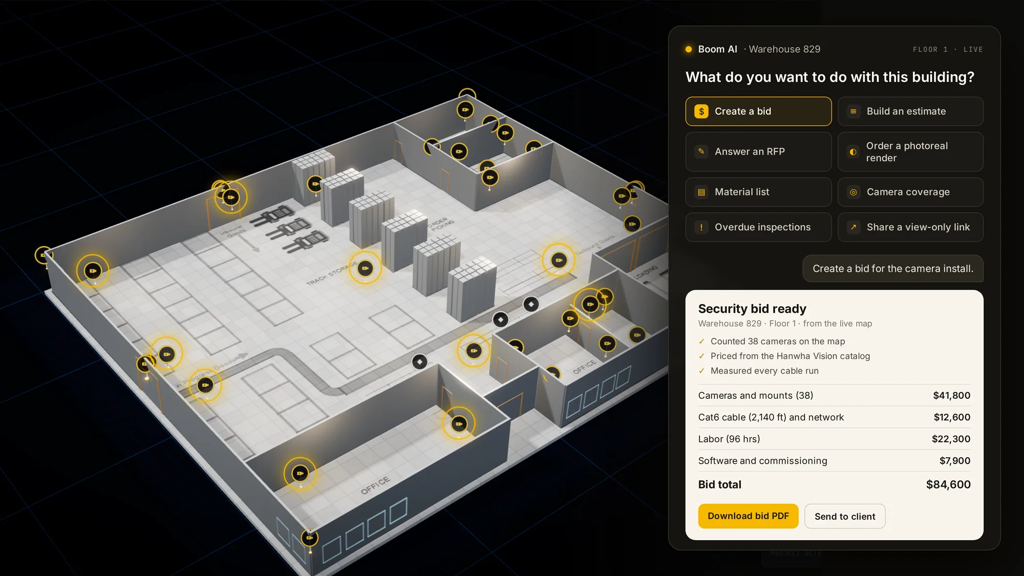 Boom AI over a 3D warehouse map: a security bid built from the map, cameras counted and priced, total $84,600