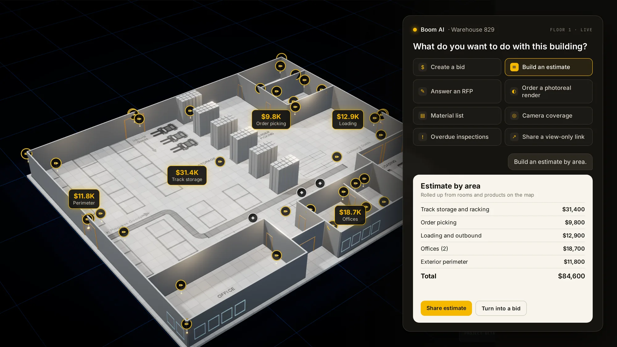 Boom AI over a 3D warehouse map: an estimate by area, rolled up from rooms and products on the map