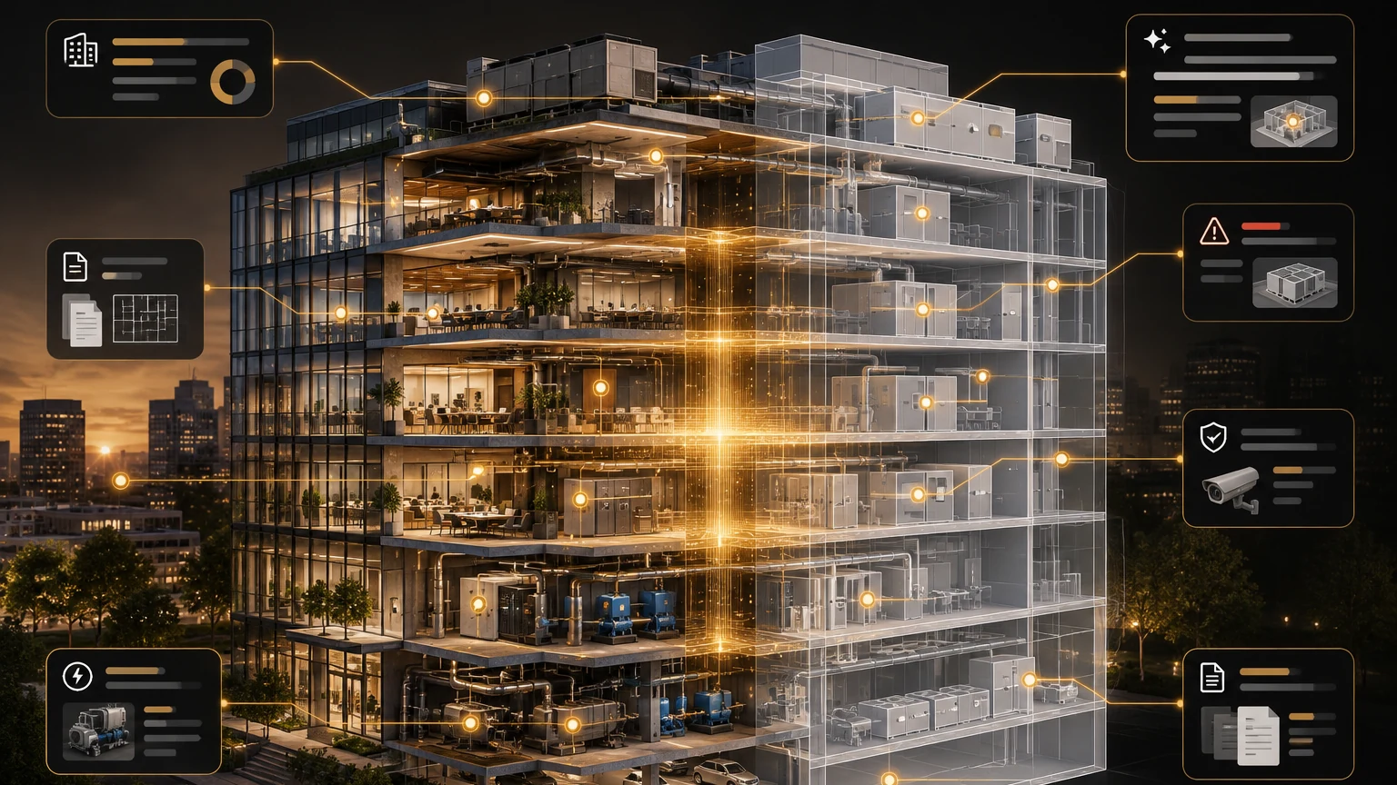A real building on the left dissolving into its structured 3D twin on the right, with the documents, assets, sensors, alerts and workflows that hang off it wired in around the edges