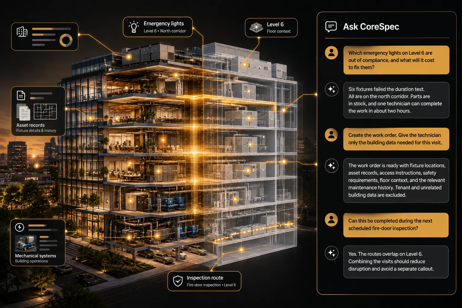 A commercial building opening into its 3D twin, with an Ask CoreSpec panel reporting six emergency lights out of compliance on Level 6, building a scoped work order, and combining the visit with the next fire-door inspection